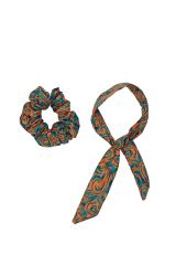 Chouchou 2en1 foulard amovible bleu motifs cachemire orange 332532