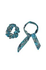 Chouchou 2en1 foulard amovible gris à fleurs turquoises 332510