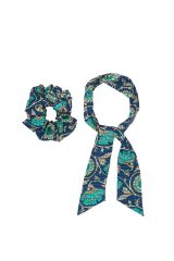 Chouchou 2en1 transformble en foulard  fleurs bleues fond marine