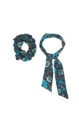 Chouchou 2en1 transformble en foulard  fleurs bleutées