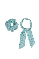 Chouchou 2en1 transformble en foulard  turquoise fleurie