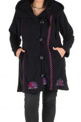 Manteau grande taille à capuche et fermeture boutons en 100% polaire Noir Tania 300877