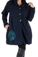 Manteau grande taille à col montant et fermuture boutons en 100% polaire Bleu Veruca 300823