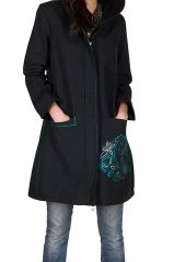 Manteau long en coton avec doublure polaire et broderie Bleu marine Filipa 299857