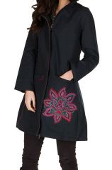 Manteau long en coton avec doublure polaire et broderie florale Rose Mariona 300289