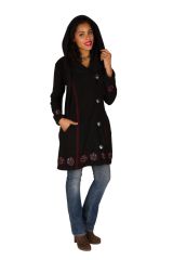 Manteau long polaire fantaisie à boutons et capuche Noir&Rouge Larina 300572