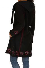 Manteau long polaire fantaisie à boutons et capuche Noir&Rouge Larina 300573
