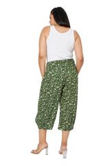 Pantalon 3/4 femme grande taille vert à petites fleurs bohème Pénélope