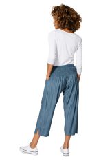 Pantalon femme à coupe 7/8 poches et élastiqué au dos bleu grisé Faye