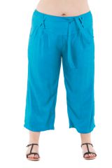 Pantalon grande taille coupe 3/4 et smocké turquoise Sully 295602
