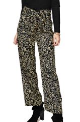 Pantalon noir femme taille élastique large fleurs Londyn 328854