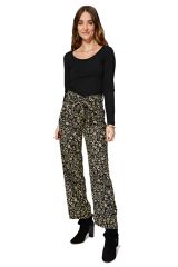 Pantalon noir femme taille élastique large fleurs Londyn 328855