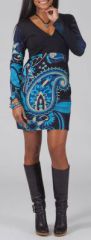Robe courte à col V Ethnique et Originale Luana Bleue 275011