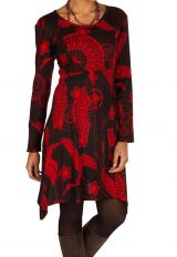 Robe courte asymétrique avec imprimés asiatiques Rouge Arzela 301057