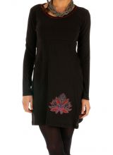 Robe courte unie noire d'hiver avec détail brodé Bondoukou 314020