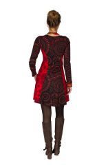 Robe ethnique à manches longues et broderies en coton rouge et noire Stéphanie 300914