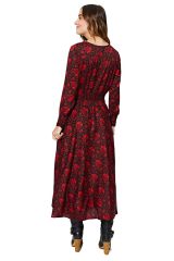 Robe longue femme à boutons rouge imprimé floral Kaylie