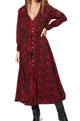 Robe longue femme à boutons rouge imprimé floral Kaylie
