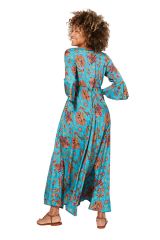 Robe longue fond bleu et fleurs originales colorées Athanasia