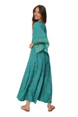 Robe longue large et décontractée d\'été bleu à fleurs printanière Soline