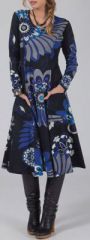 Robe mi-longue Ethnique et Colorée Lexane Noire et Bleue 274976