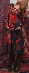 Robe mi-longue Ethnique et Colorée Lexane Noire et Rouge 274977