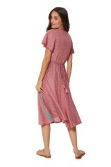 Robe mi longue femme mode portefeuille imprimé rose fluide style Amelie