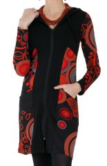 Sweat ethnique long pour femme à capuche noir et rouge Björk 286809