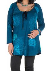 Tunique grande taille à manches longues Bleue avec motifs féminins et joli noeud Danaé 300159