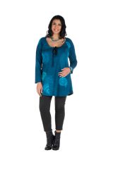 Tunique grande taille à manches longues Bleue avec motifs féminins et joli noeud Danaé 300160