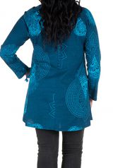 Tunique grande taille à manches longues Bleue avec motifs féminins et joli noeud Danaé 300162