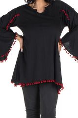 Tunique grande taille Noire style kimono avec pompons rouges Juliette 302067