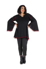 Tunique grande taille Noire style kimono avec pompons rouges Juliette 302069
