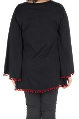 Tunique grande taille Noire style kimono avec pompons rouges Juliette 302071